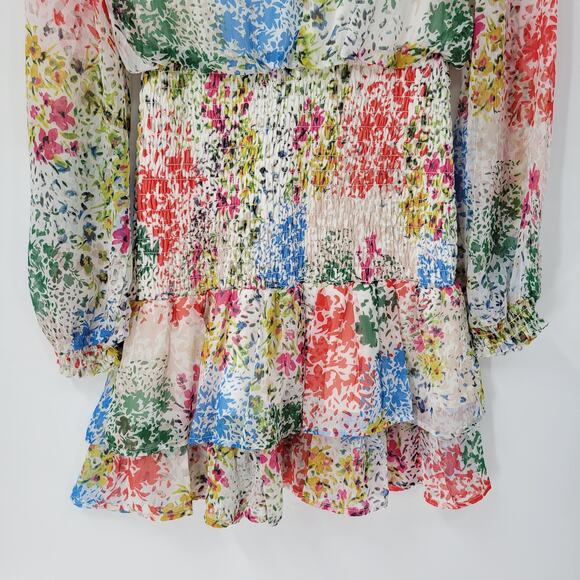 AQUA Womens‎ Dress S Cream Blue Floral Smocked Ruffle Trim Long Sleeve Mini - Picture 13 of 14